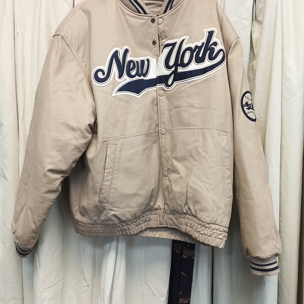Beige 'New York' Varsity Jacket with Navy Script
